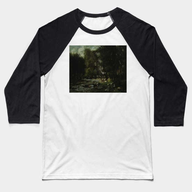 The Brook of Les Puits-Noir by Gustave Courbet Baseball T-Shirt by Classic Art Stall